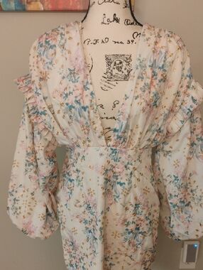 PrettyLittleThing White Floral Plunge Midi Dress with Puff Sleeves